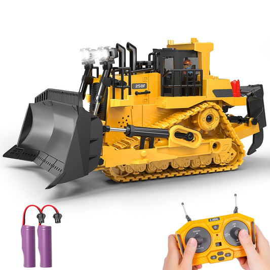 BEWEAI RC Bulldozer toy with metal blade ideal for immersive sandbox and outdoor play.