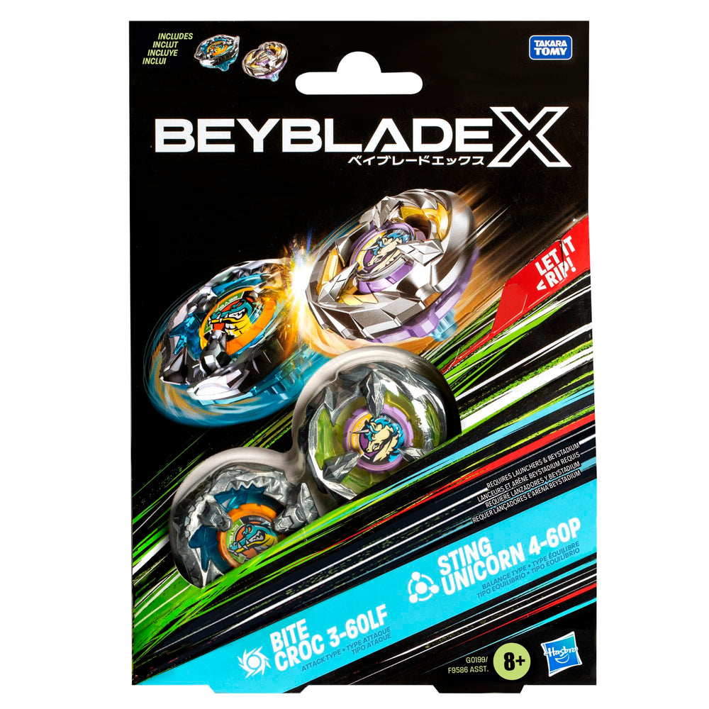 Beyblade X dual pack front view with two right-spin tops ready to duel.