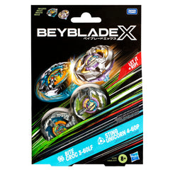 Beyblade X dual pack front view with two right-spin tops ready to duel.