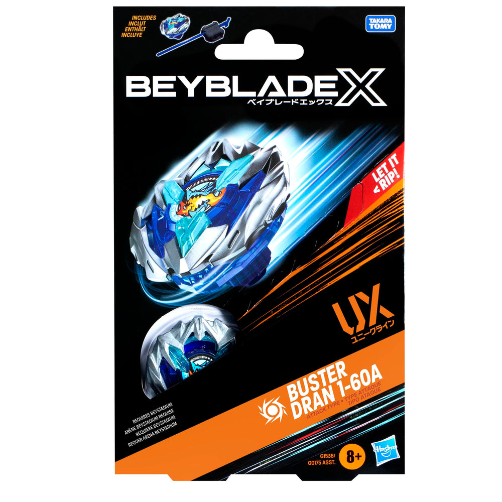 Beyblade Buster Dran racing along Beystadium rail demonstrating X-Celerator speed