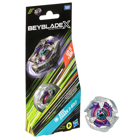 Beyblade X Keel Shark 3-60LF top close-up shows die-cast detail for intense battles.