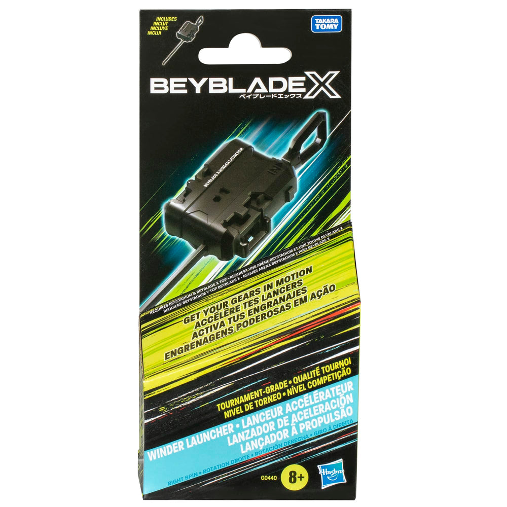 Beyblade X launcher in use on Beystadium achieving high-speed rail launch