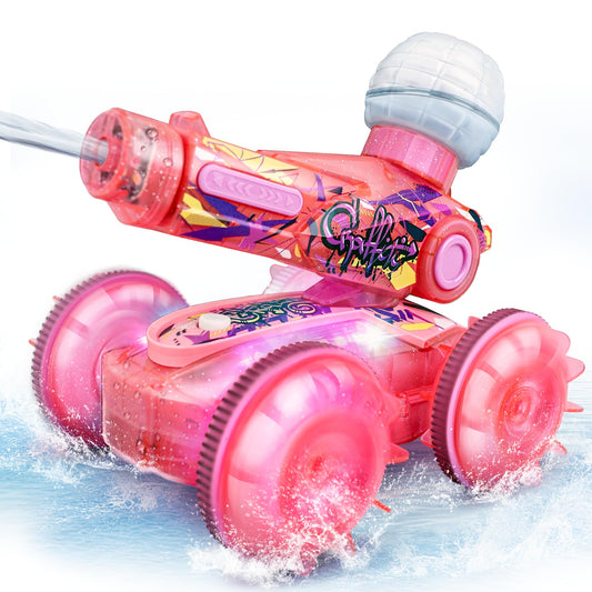 BEZGAR amphibious RC car pink in action for versatile play on land and water.