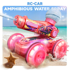 BEZGAR amphibious RC car pink with lighting effects for night-time fun.