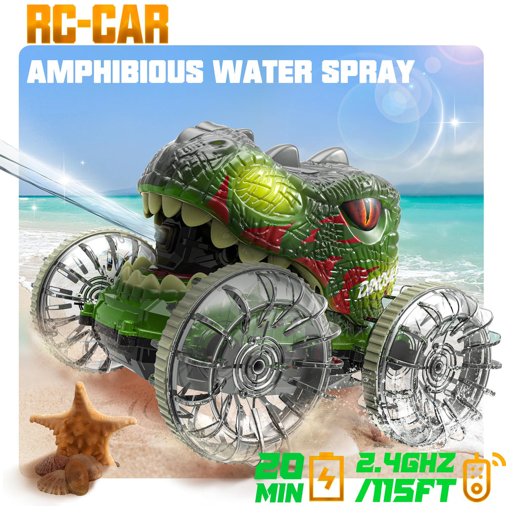 BEZGAR Dinosaur RC car showing dual-terrain capability for land and water