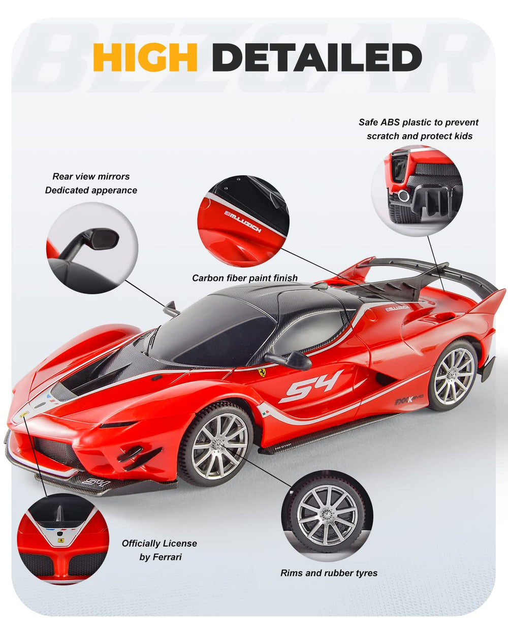 BEZGAR Ferrari RC Car durable ABS plastic resists everyday bumps.