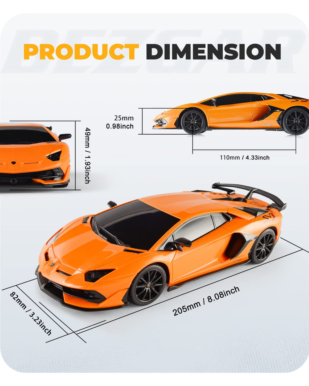 BEZGAR Lambo Aventador SVJ RC car, wheel detail, smooth tires for carpet tricks.