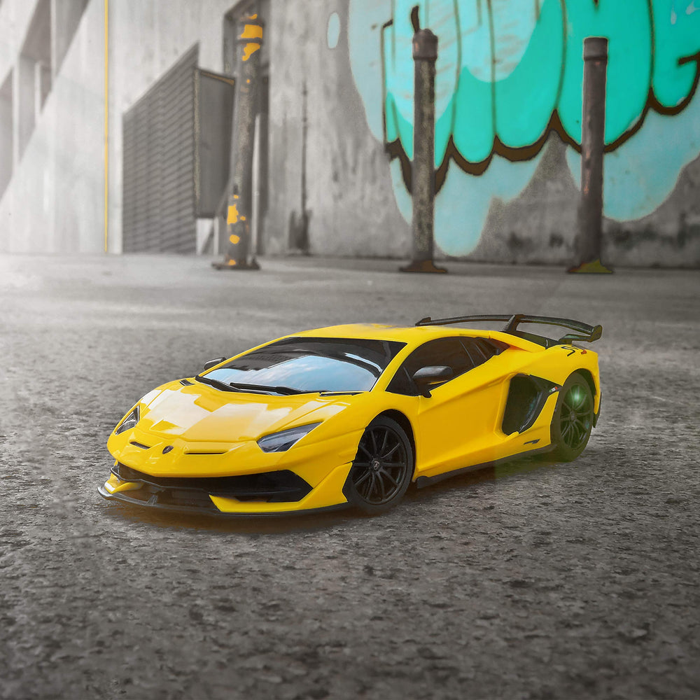 BEZGAR Lambo 1:24 RC car top view, glossy yellow finish for shelf display