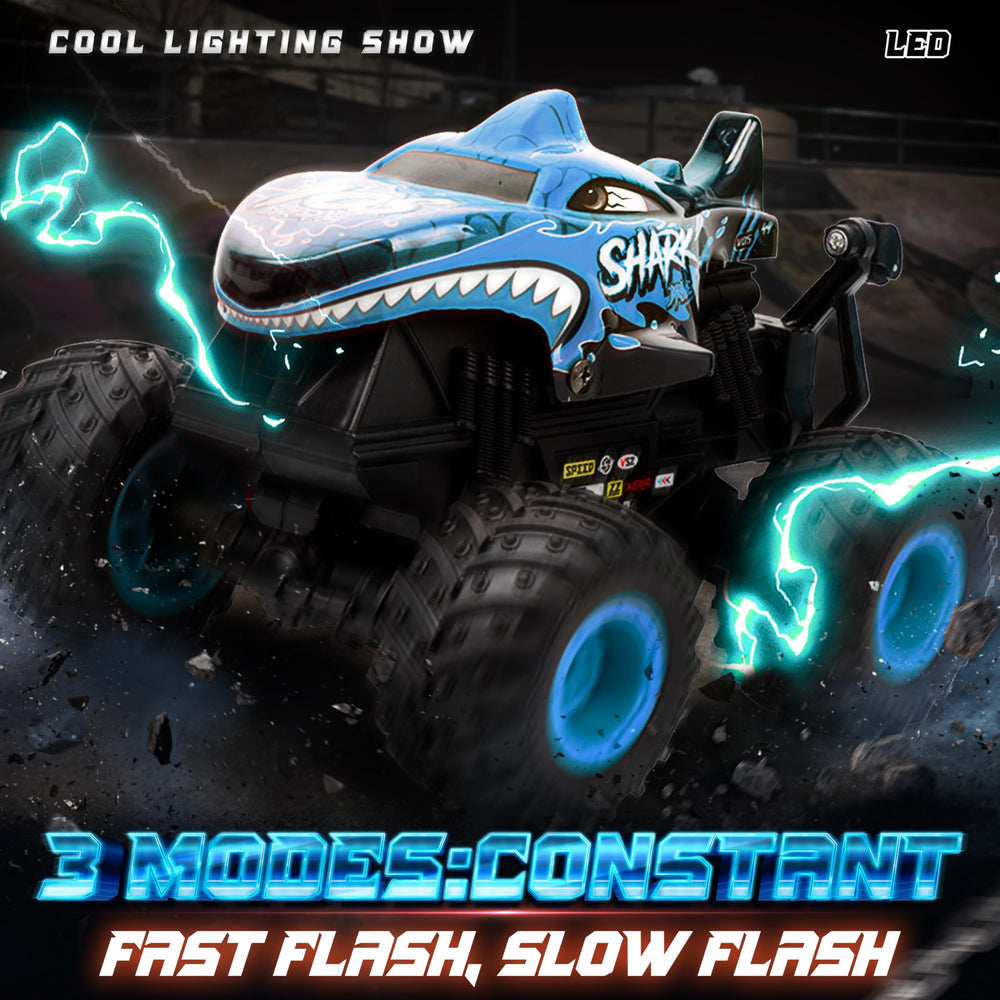 BEZGAR Monster Truck blue, remote control in hand for easy kid-friendly play.