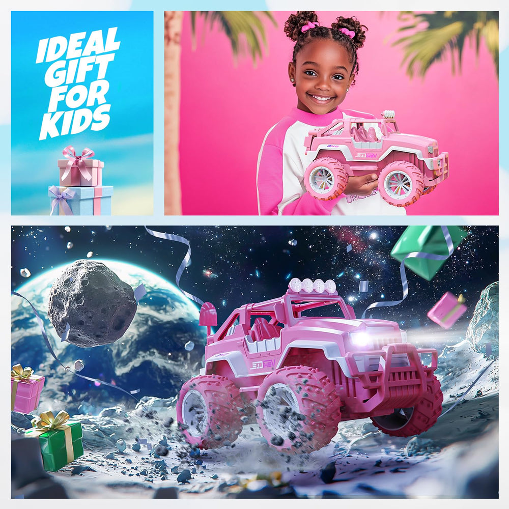 BEZGAR pink RC Jeep reinforced chassis withstands bumps during adventure play.