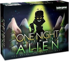Bezier Games One Night Ultimate Alien box art shows a fast-paced party game for groups.