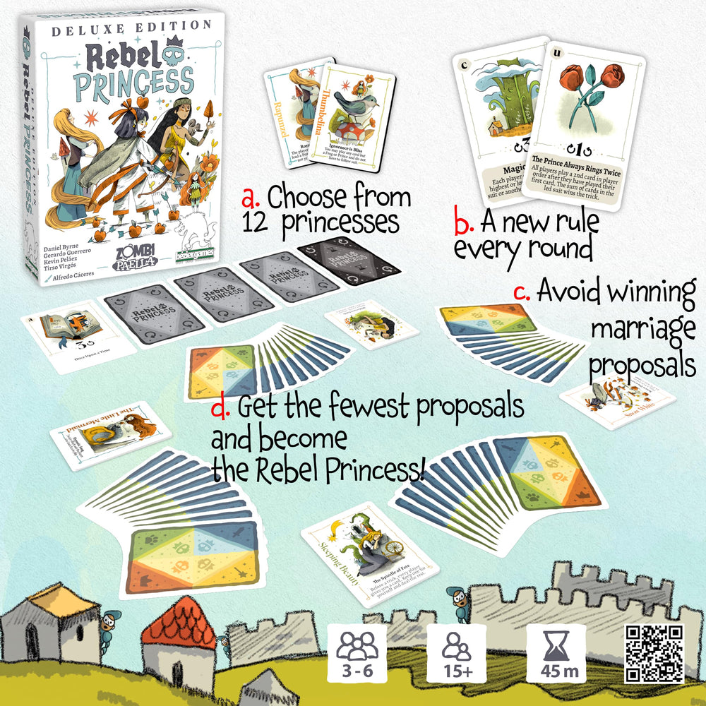 Bezier Games Rebel Princess powers sheet highlights unique princess abilities for strategic play.