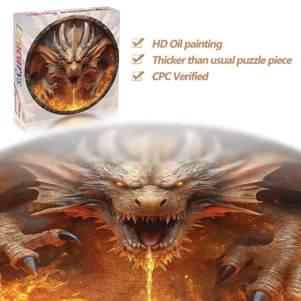 Bgraamiens Dracarys puzzle: fire-breathing dragon with vivid colors, ideal for wall-ready fantasy decor.