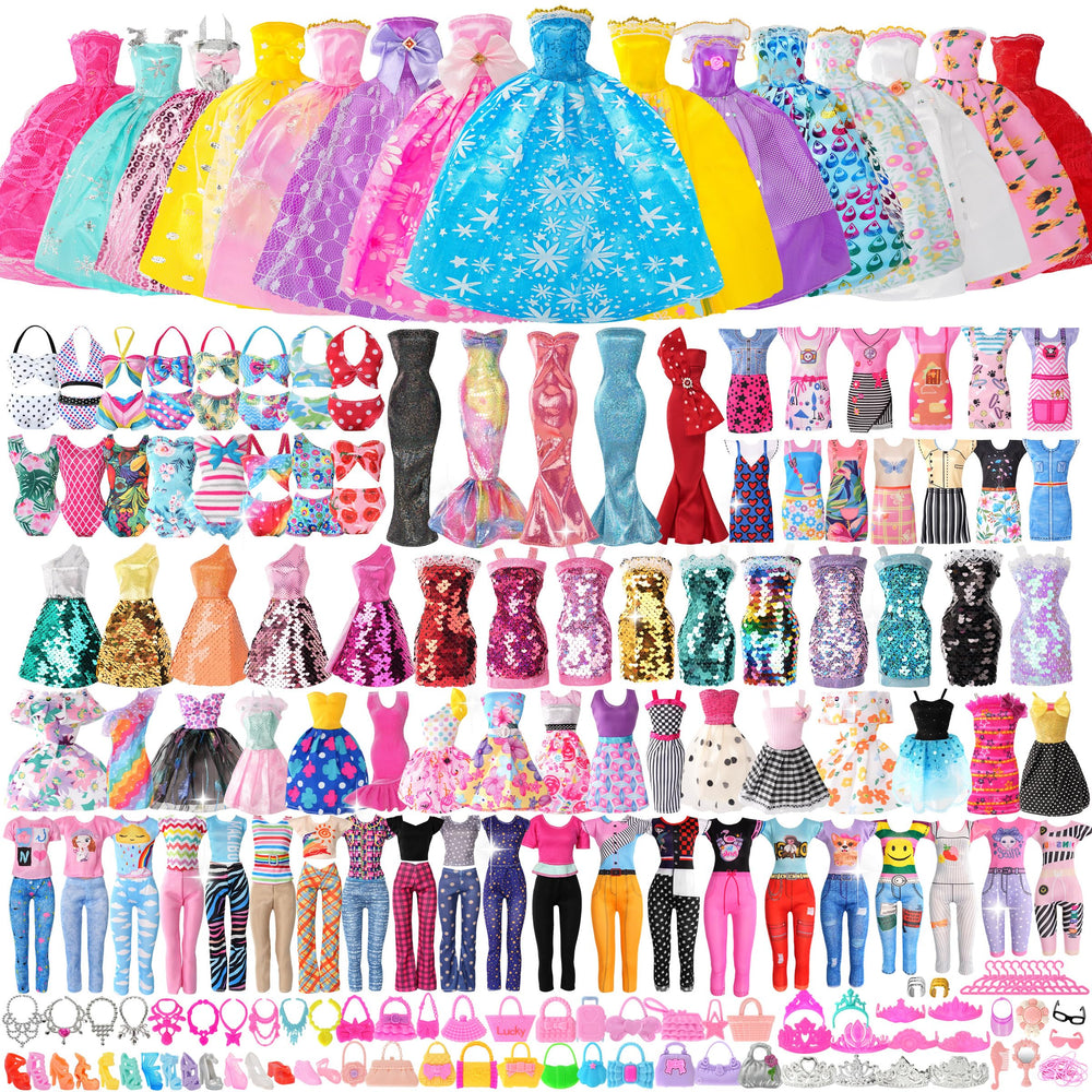 BHYTAKI 120-piece doll clothes box offers diverse outfits for imaginative play and easy dressing.