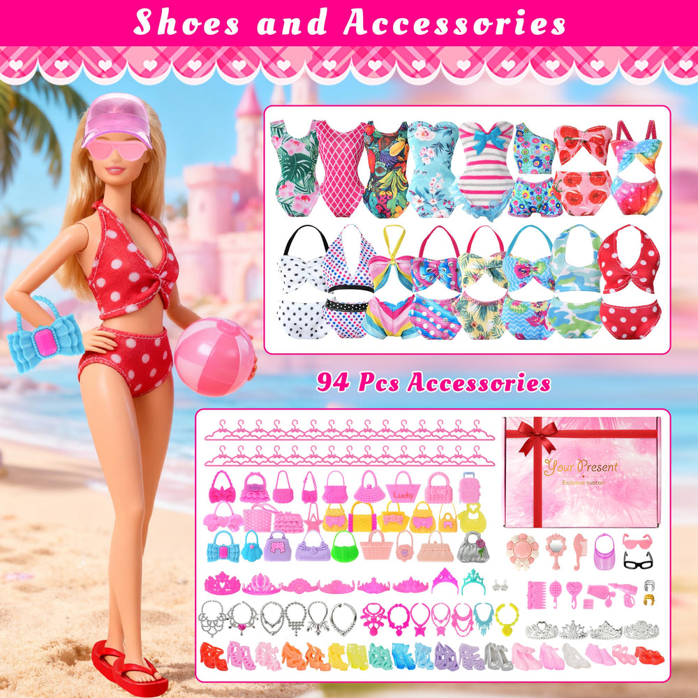 BHYTAKI accessory-heavy set includes hangers, bags, crowns for complete fashion storytelling.