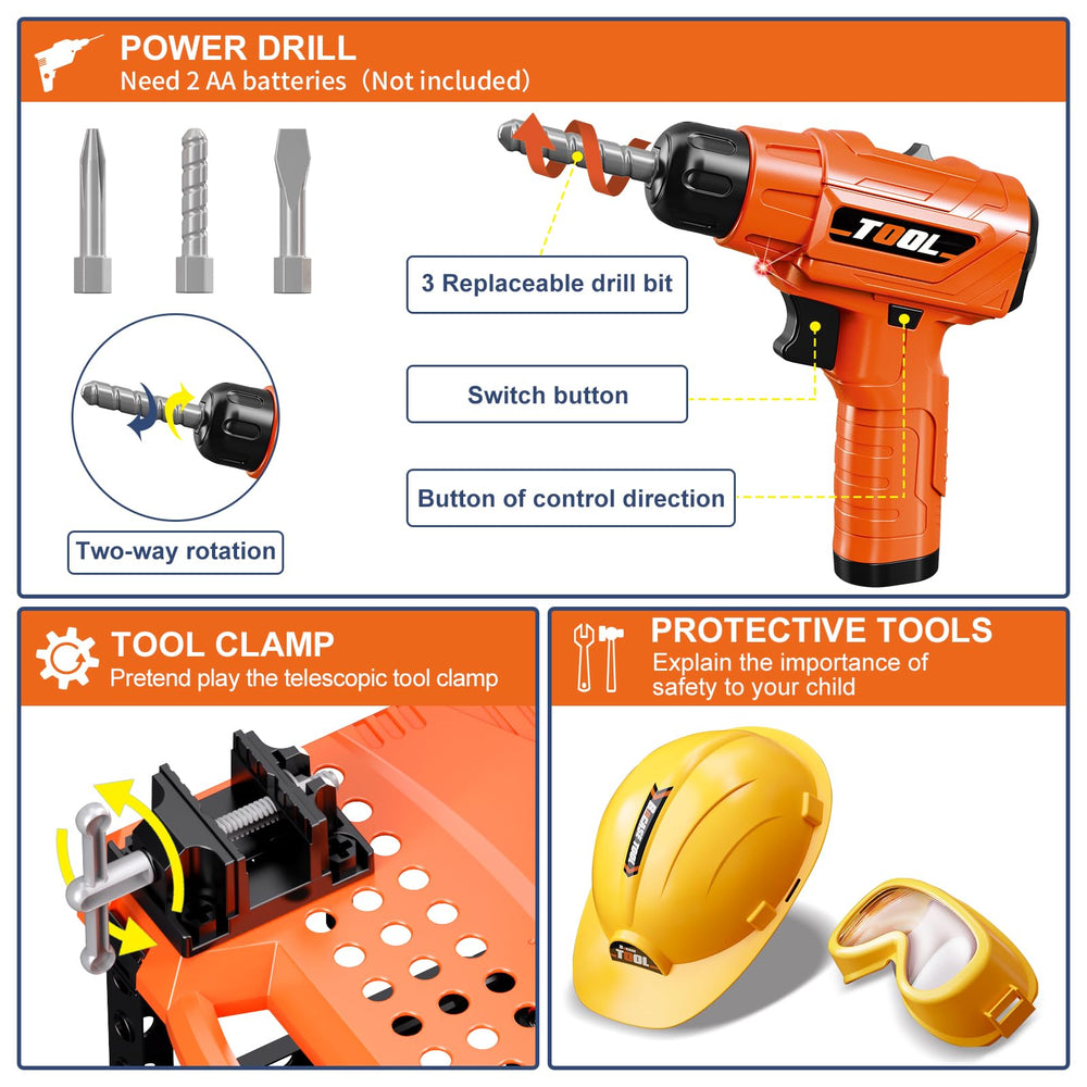 BHYDRY protective goggles and hard hat with the tool bench for safe pretend work.