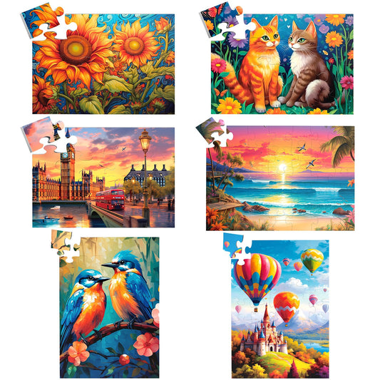 Biarek six-packs large-piece puzzles ready for easy table assembly.