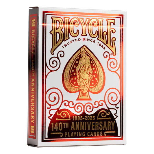 Bicycle 140th anniversary deck front view with red and gold detail for collectors.