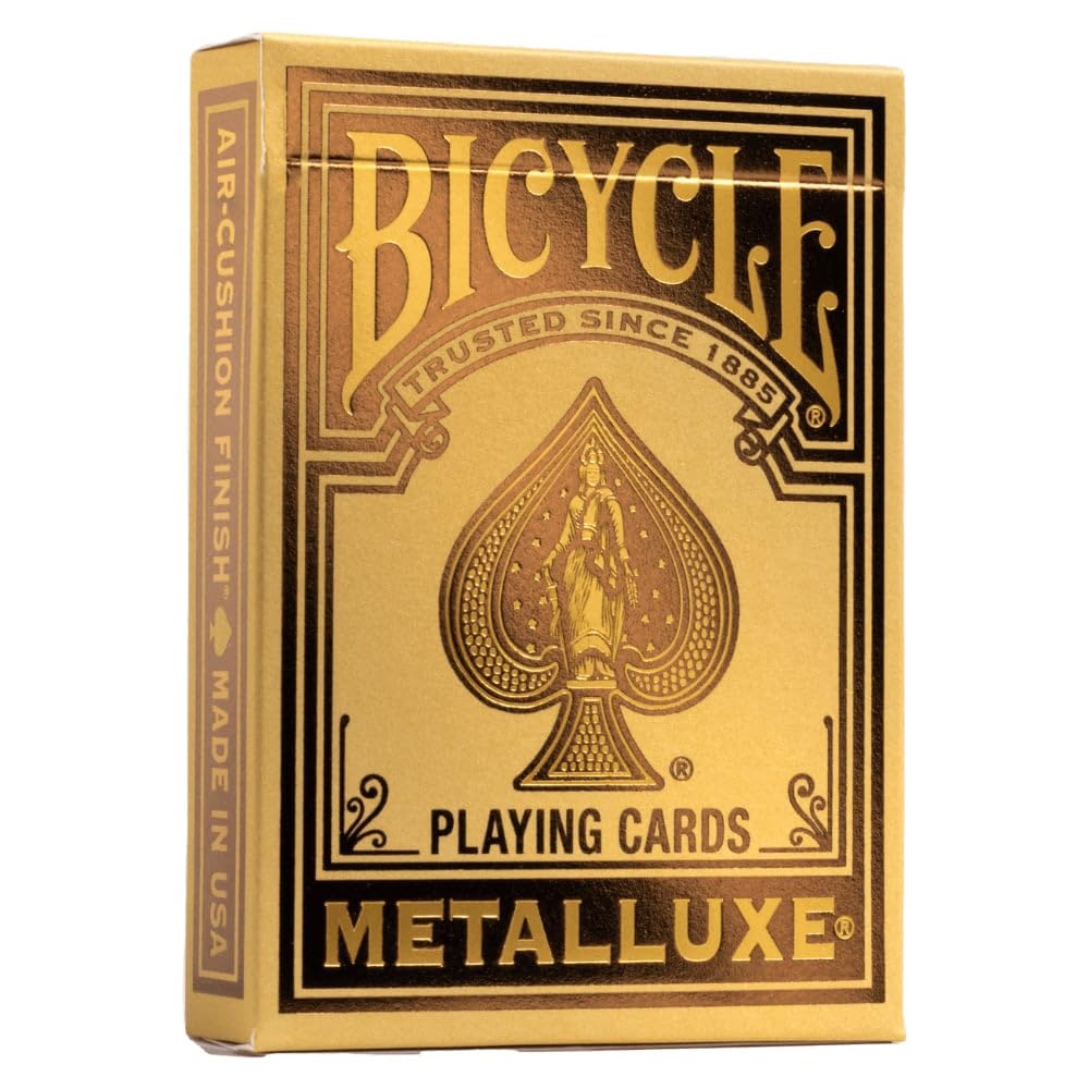 Bicycle Metalluxe gold foil playing cards on display, highlighting luxury and collectible appeal.