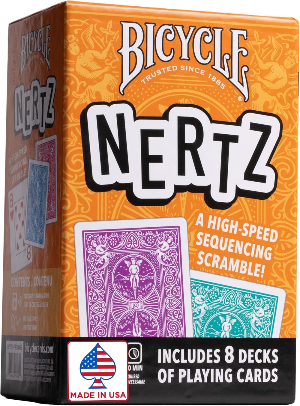 Bicycle Nertz multiplayer setup with eight color-coded decks for fast play