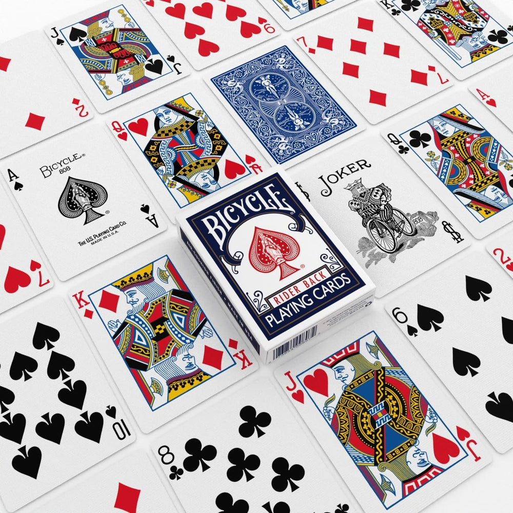 Bicycle Rider Back deck fanned on table showing red and blue backs.