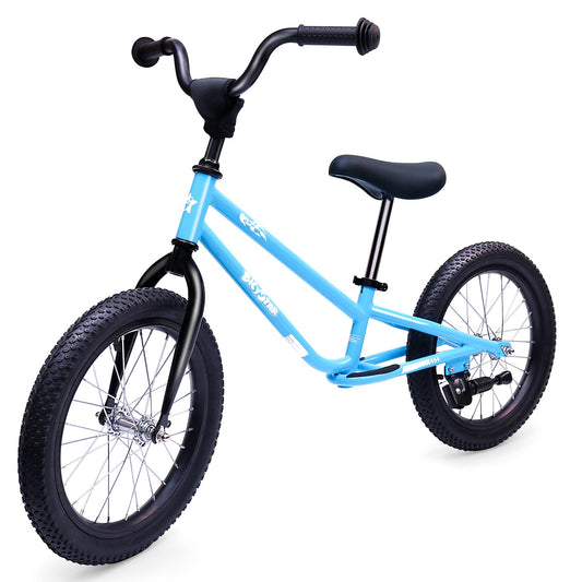 Bicystar 16-inch balance bike with blue frame showing adjustable seat height for growing kids