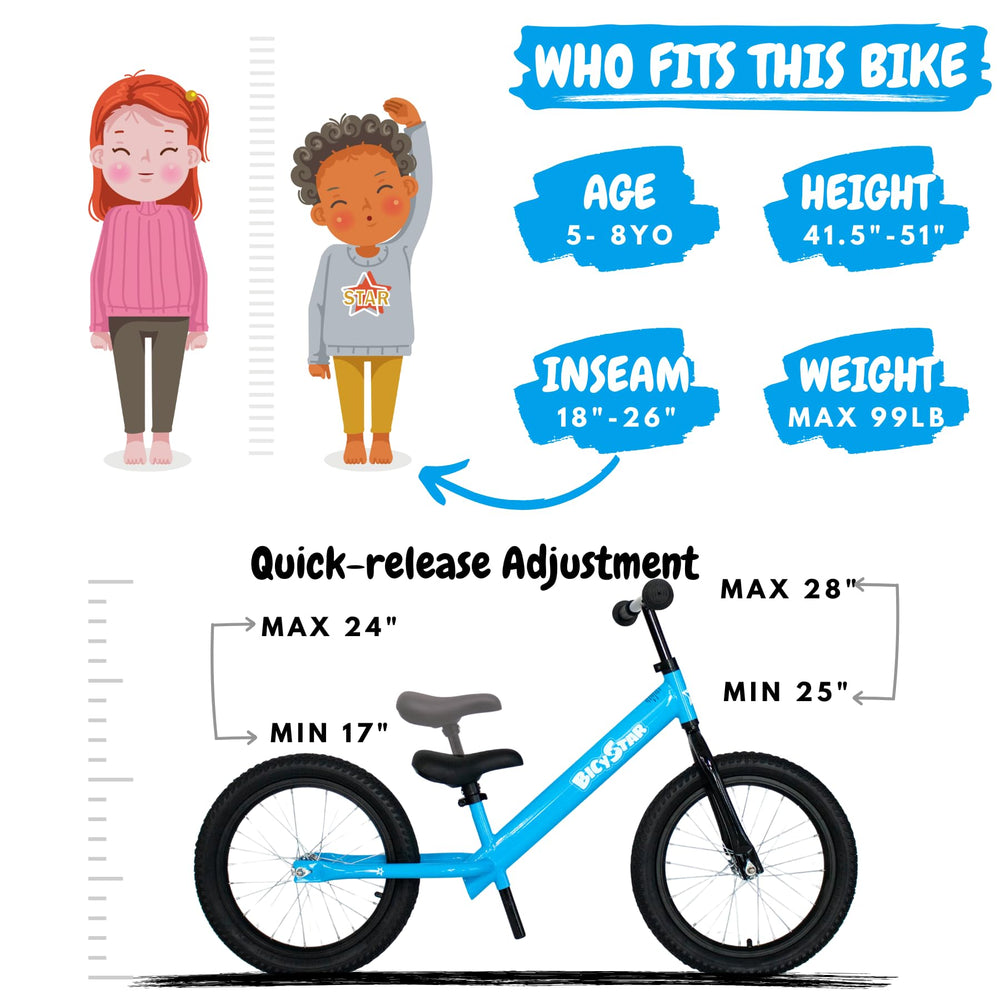 Bicystar 16-inch balance bike side view highlighting easy handling and balance focus