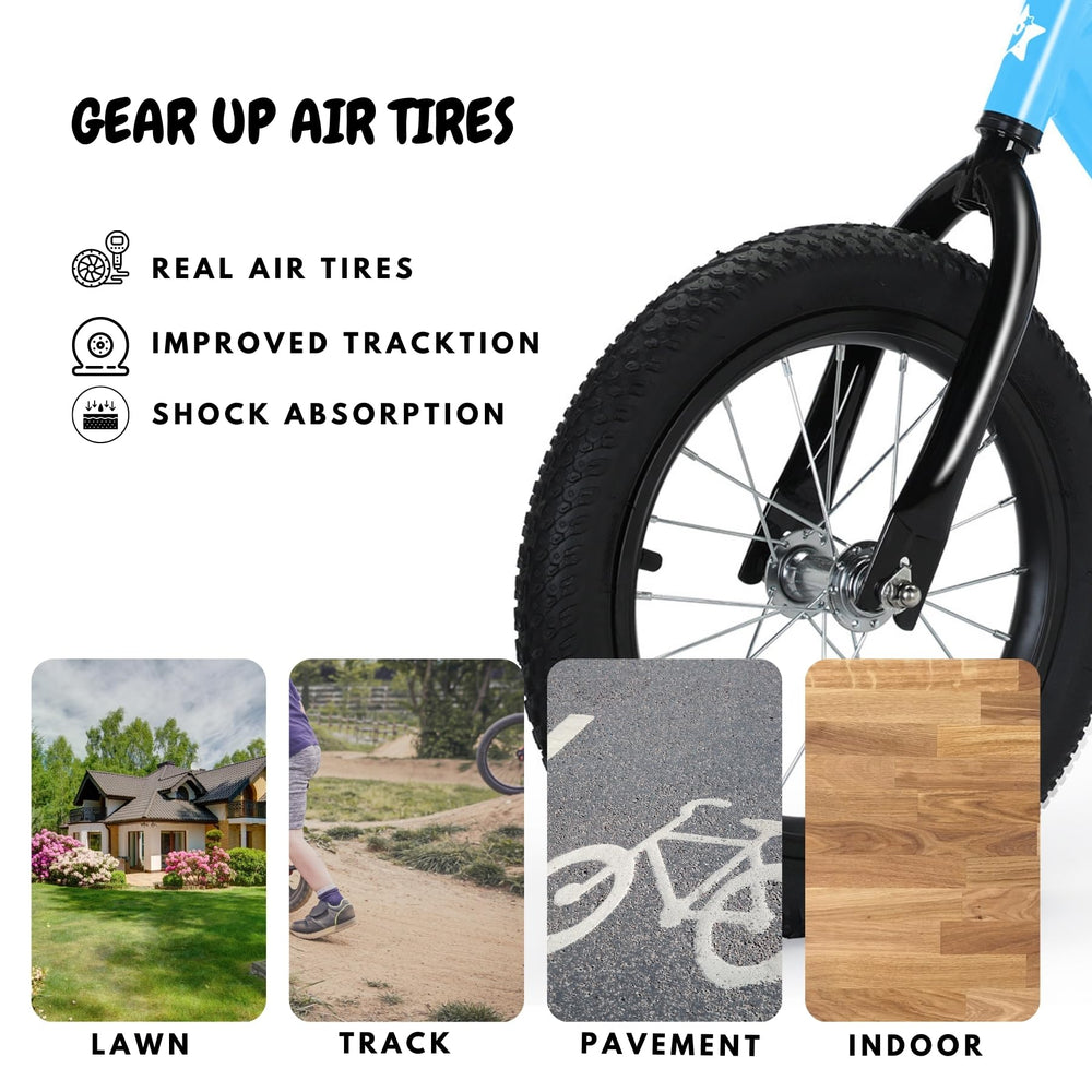 Bicystar air tires provide grip on gravel and indoors.