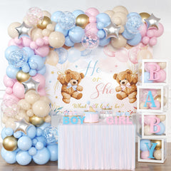 BIENAN bear gender reveal backdrop with balloons for a playful reveal photo booth