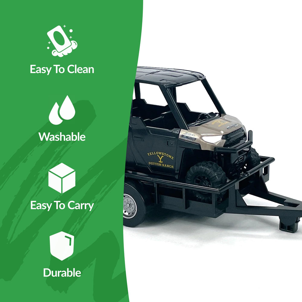 Rip Wheeler Polaris Ranger trailer with gooseneck hitch for versatile shelf display.