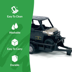 Rip Wheeler Polaris Ranger trailer with gooseneck hitch for versatile shelf display.