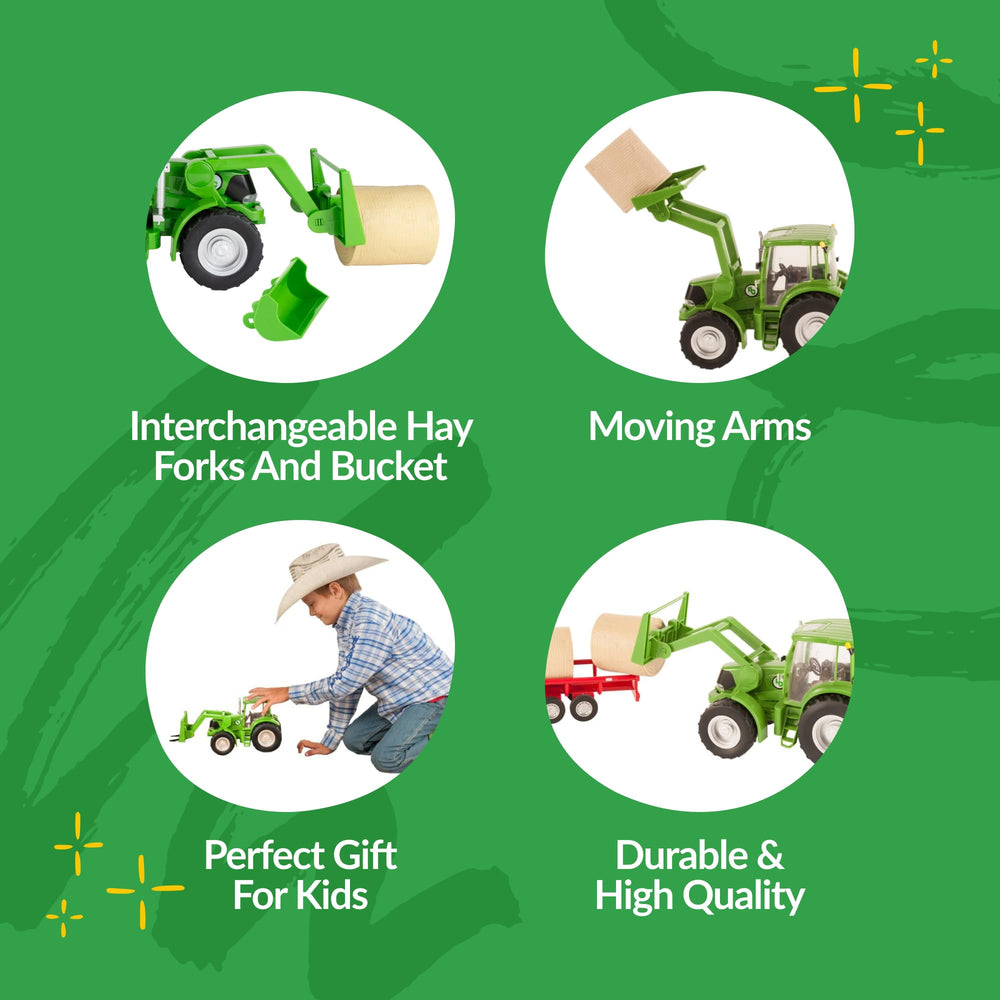 Big Country Toys tractor with hay fork and bucket attachments for versatile play