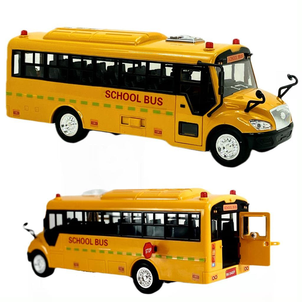 Big Daddy Huge Yellow School Bus pull-back toy ready for dynamic play and portability.