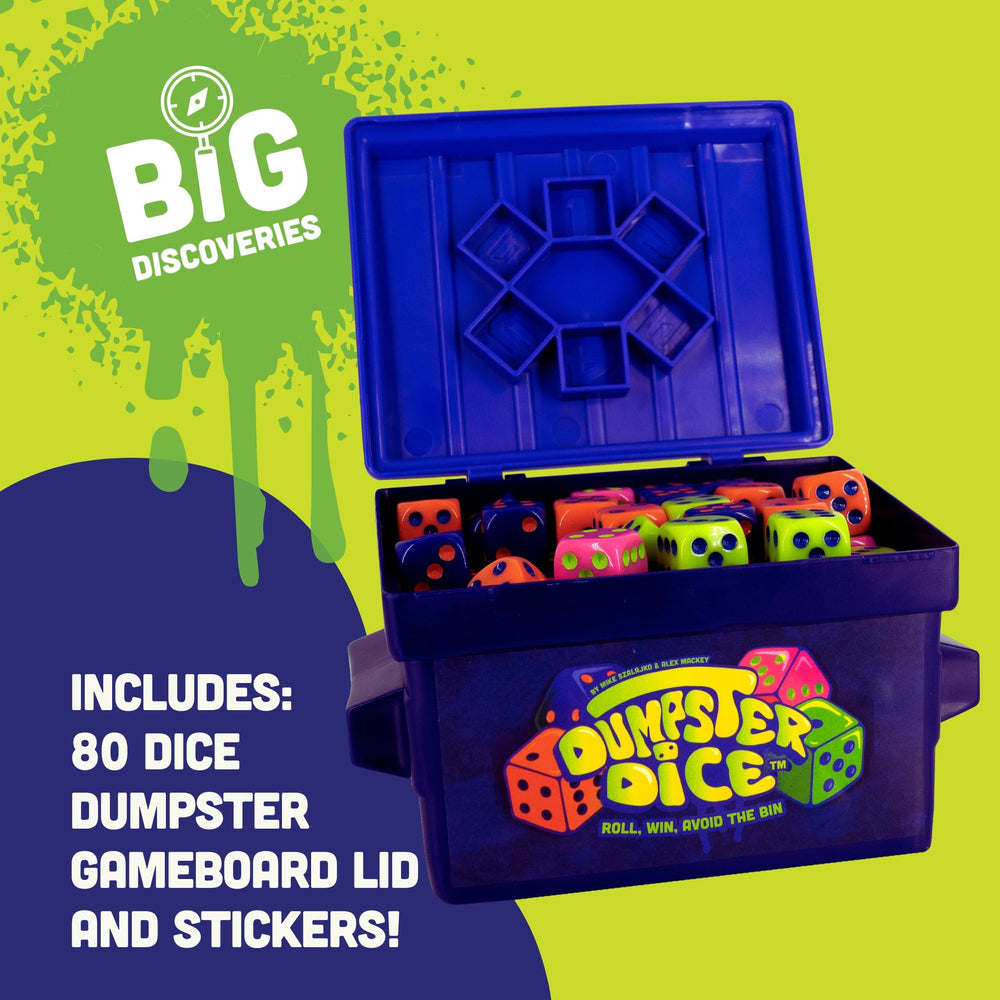 Big Discoveries Dumpster Dice paired with Trash Dice supports up to six players.