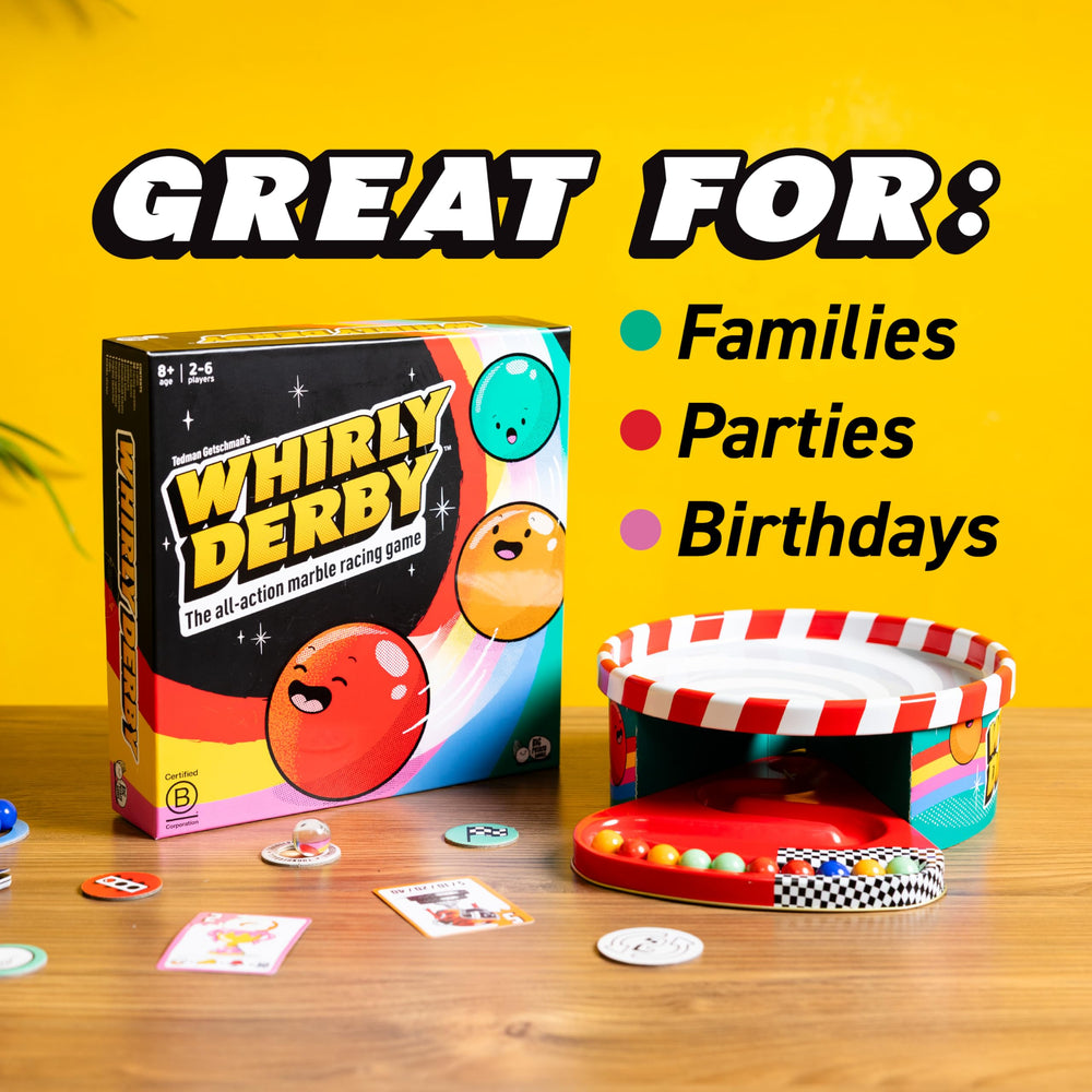 Family gathers for a Whirly Derby game night with marbles
