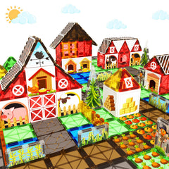 BigShu farm-theme magnetic tiles form a colorful farm scene, fostering color and shape recognition.