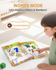 Biidi English interactive sound book pages open showing exploration of letters and numbers.