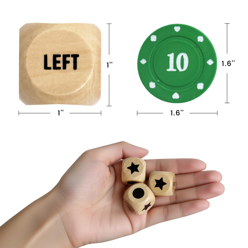 Bilywey dice showing Left Center Right and Dot symbols for play