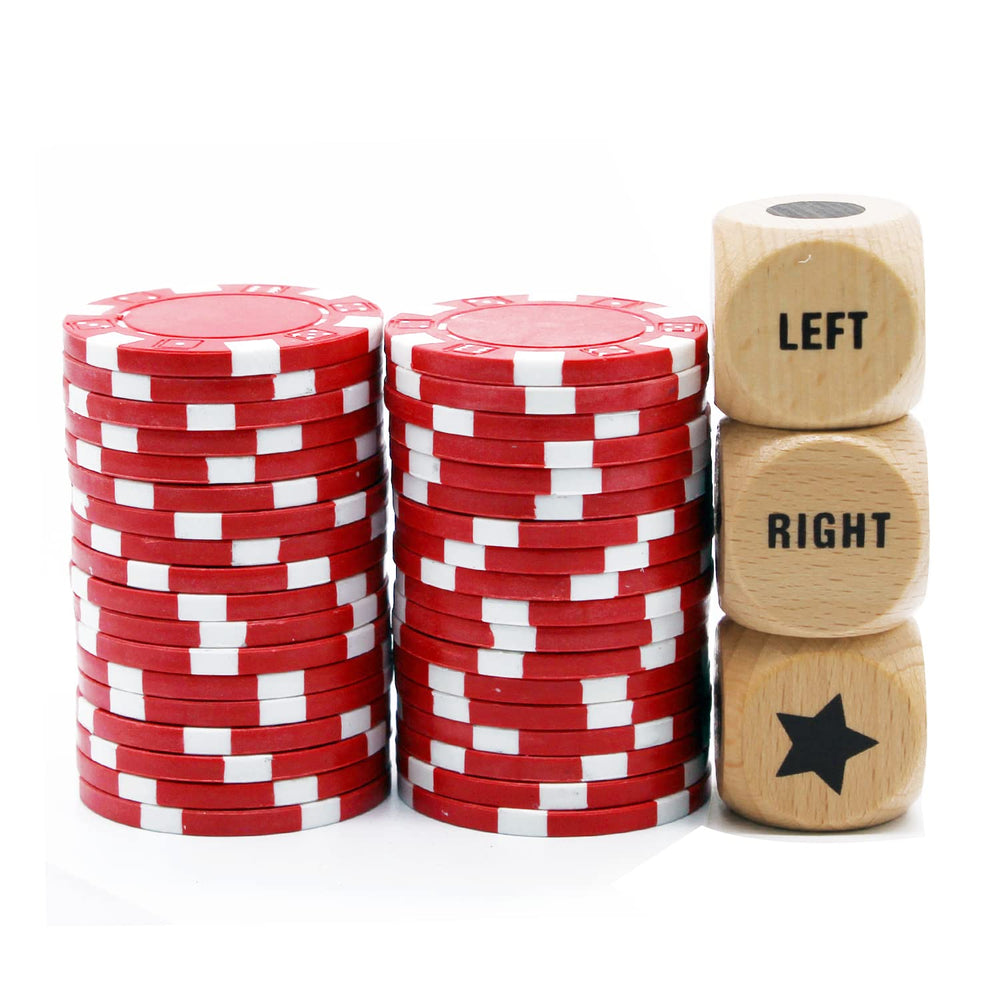 Close-up of LRC dice showing left center right symbols