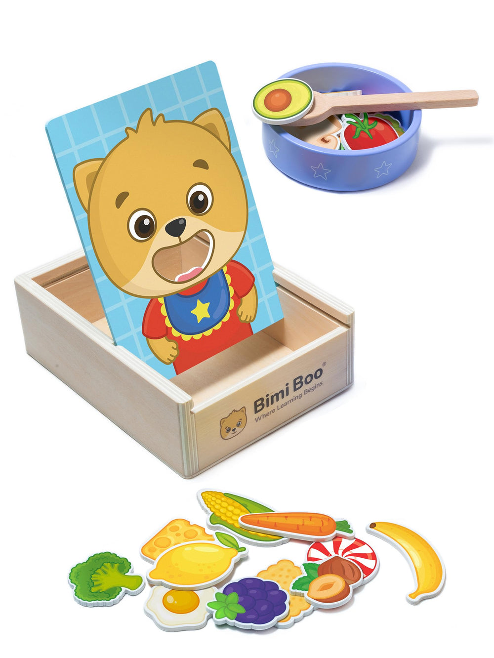 Bimi Boo wooden feeding toy with spoon and bowl for toddlers' fine motor practice