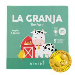 Binibi La Granja sound book cover inviting toddlers to start bilingual learning with farm sounds.