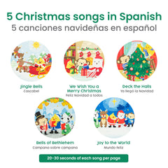 Binibi Spanish Musical Book song page one highlights a Spanish Christmas song for early learning.