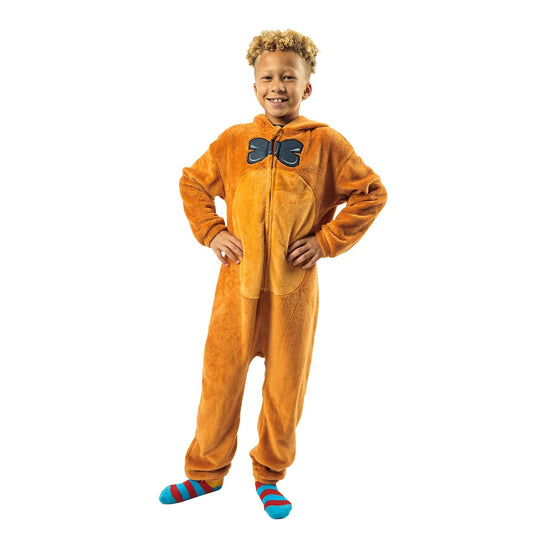 Bioworld Freddy Fazbear youth kigurumi, front view with hood, cozy bedtime wear for fans