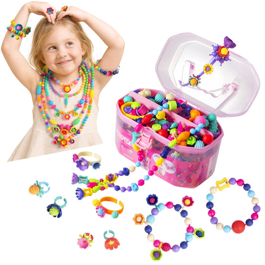 Biranco Pop Beads kit close-up of colorful bead shapes ready for jewelry making.