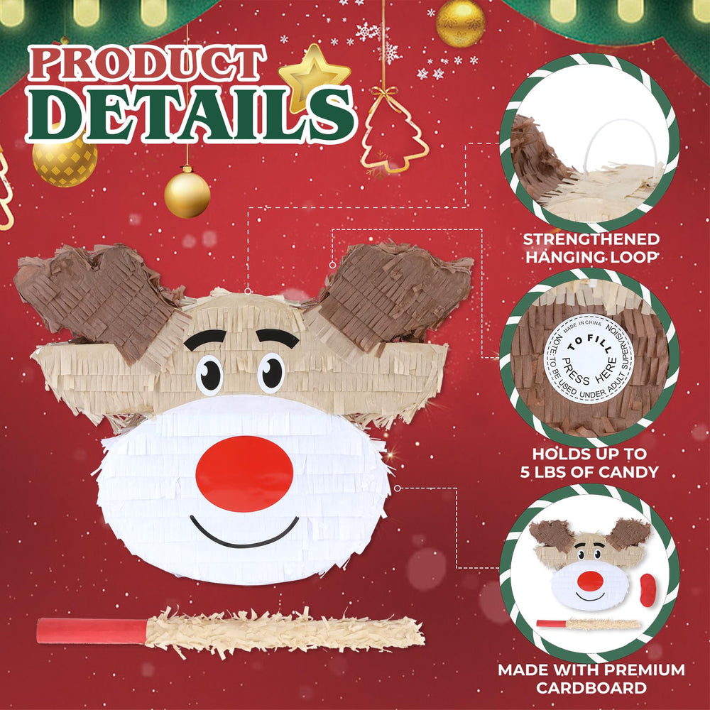 Birchio Christmas Reindeer Pinata with blindfold and bat included for interactive play.