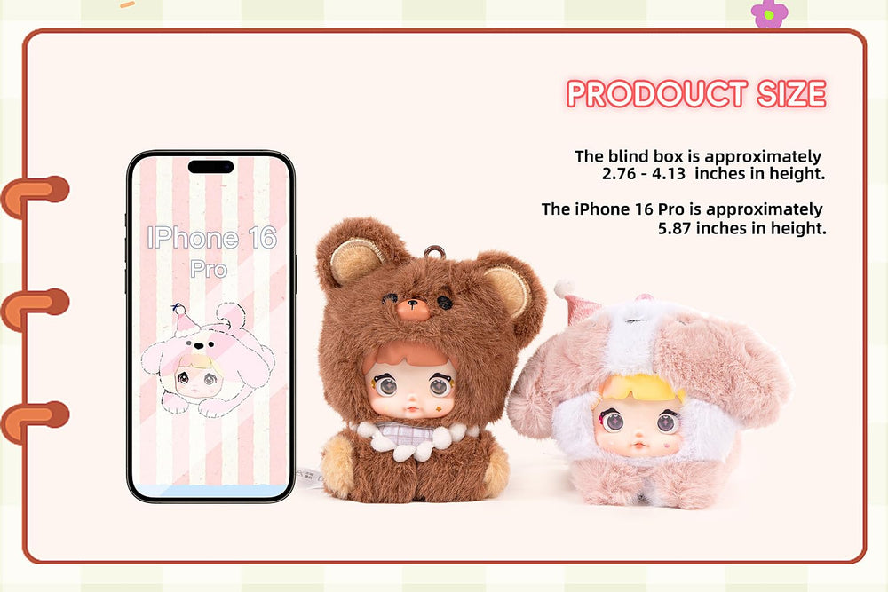 Nommi 5-inch plush size highlight, portable charm for bags, keys, or zippers.
