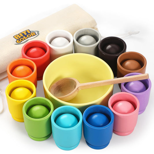 Biticolor ball-in-cup set with 12 balls, 40mm, for color sorting play.