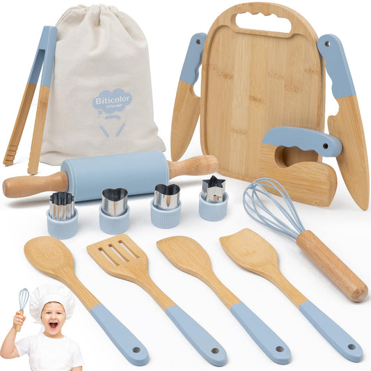 Biticolor wooden kids cooking set with blue tools laid out for pretend play