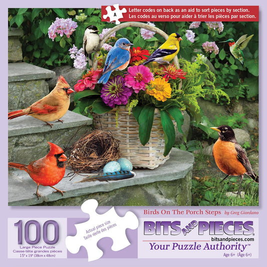 Bits and Pieces birds on the porch steps puzzle – large 100-piece set for mindful, relaxing play.