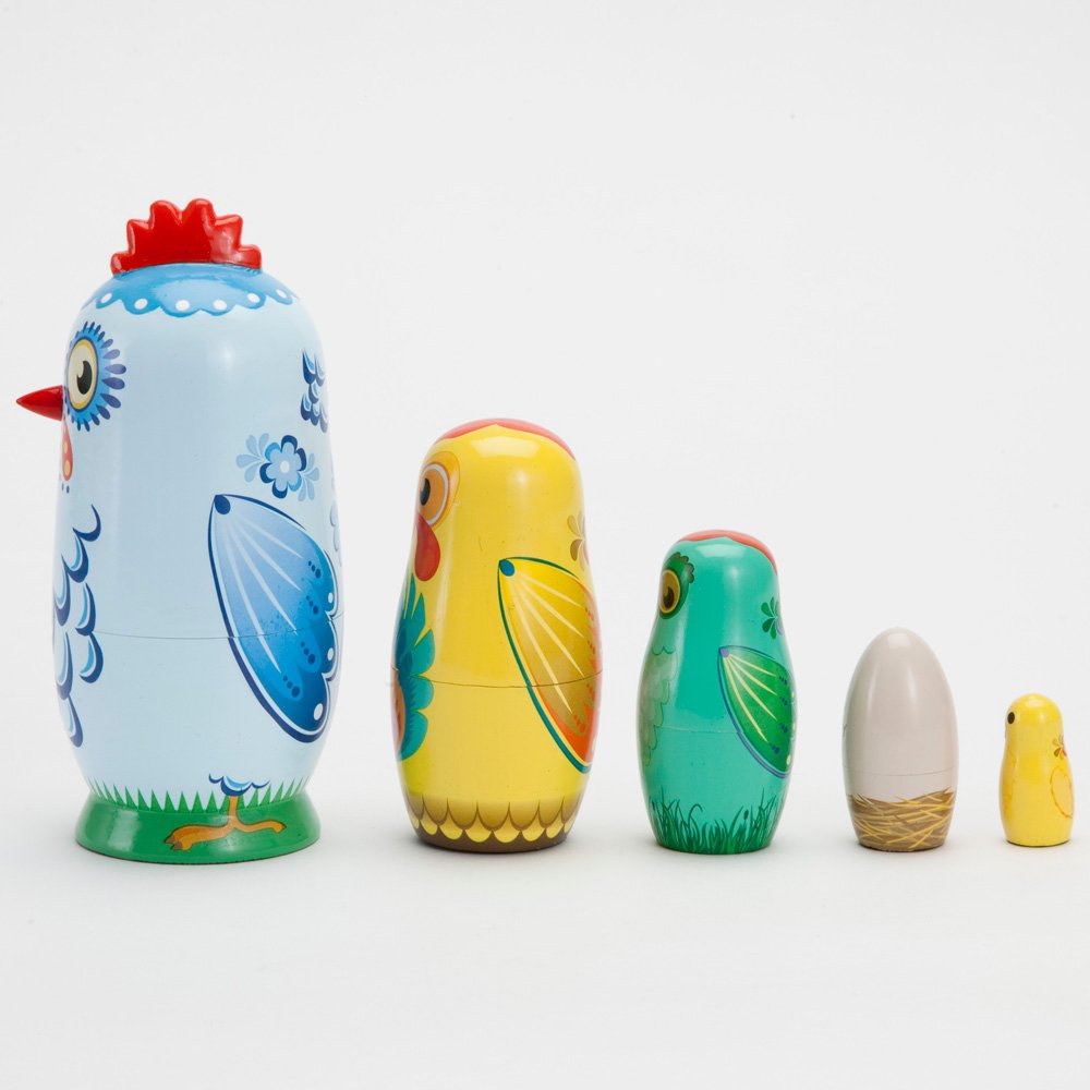 Bits and Pieces chicken nesting dolls blue feather, whimsical charm for kitchen or living room.